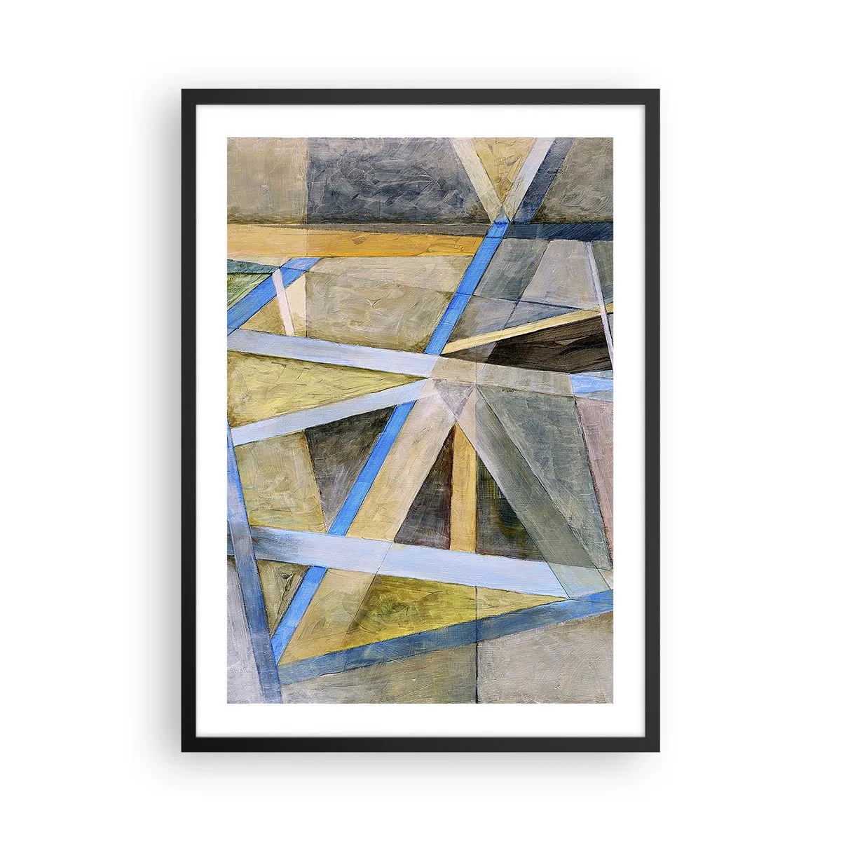 Affisch i svart ram - Geometrisk abstraktion med nyanser av blått och guld - 50x70cm - Rakt fram eller diagonalt? - Modern väggdekoration för vardagsrum och sovrum ARTTOR