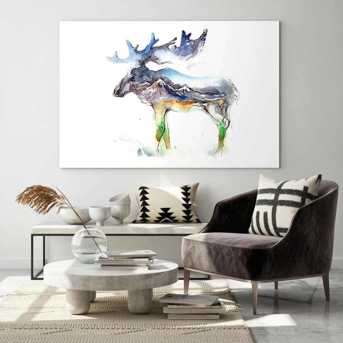 Glastavla - Bild på glas - Akvarellmålning av en älg med motiv av en bergssilhuett - 70x50cm - Vintersagans figur - Modern väggdekoration för vardagsrum och sovrum ARTTOR