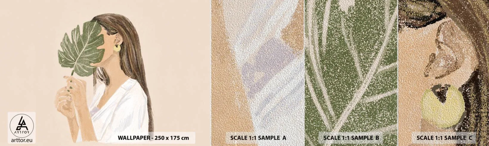 Provbit av fototapet Premium Sand - Mystiskt porträtt med solfjäder - Blad, Kvinna, Boho - 100x30 cm