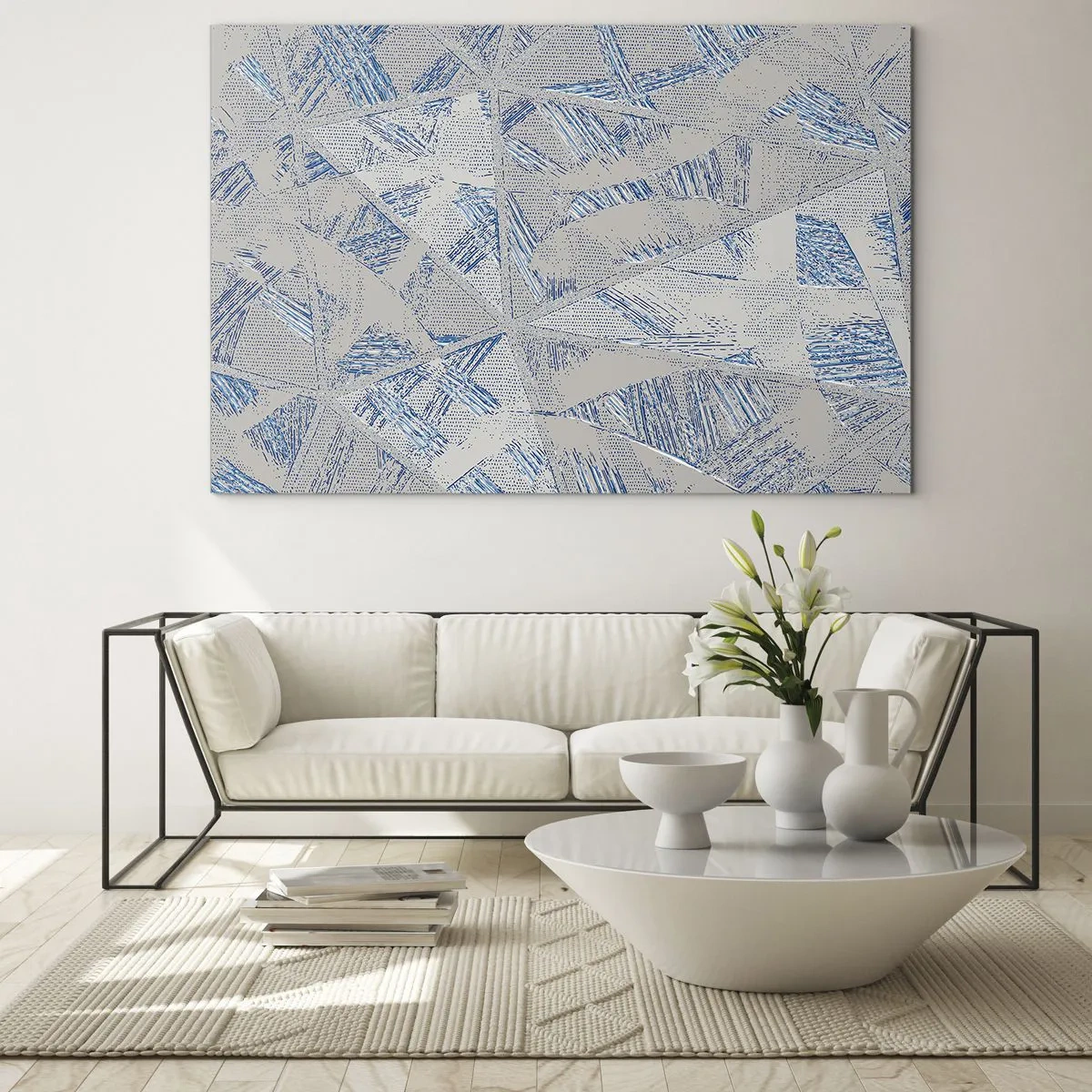 Glastavla - Bild på glas - Geometriska mönster i nyanser av grått och blått - 70x50cm - I en gråblå labyrint - Modern väggdekoration för vardagsrum och sovrum ARTTOR