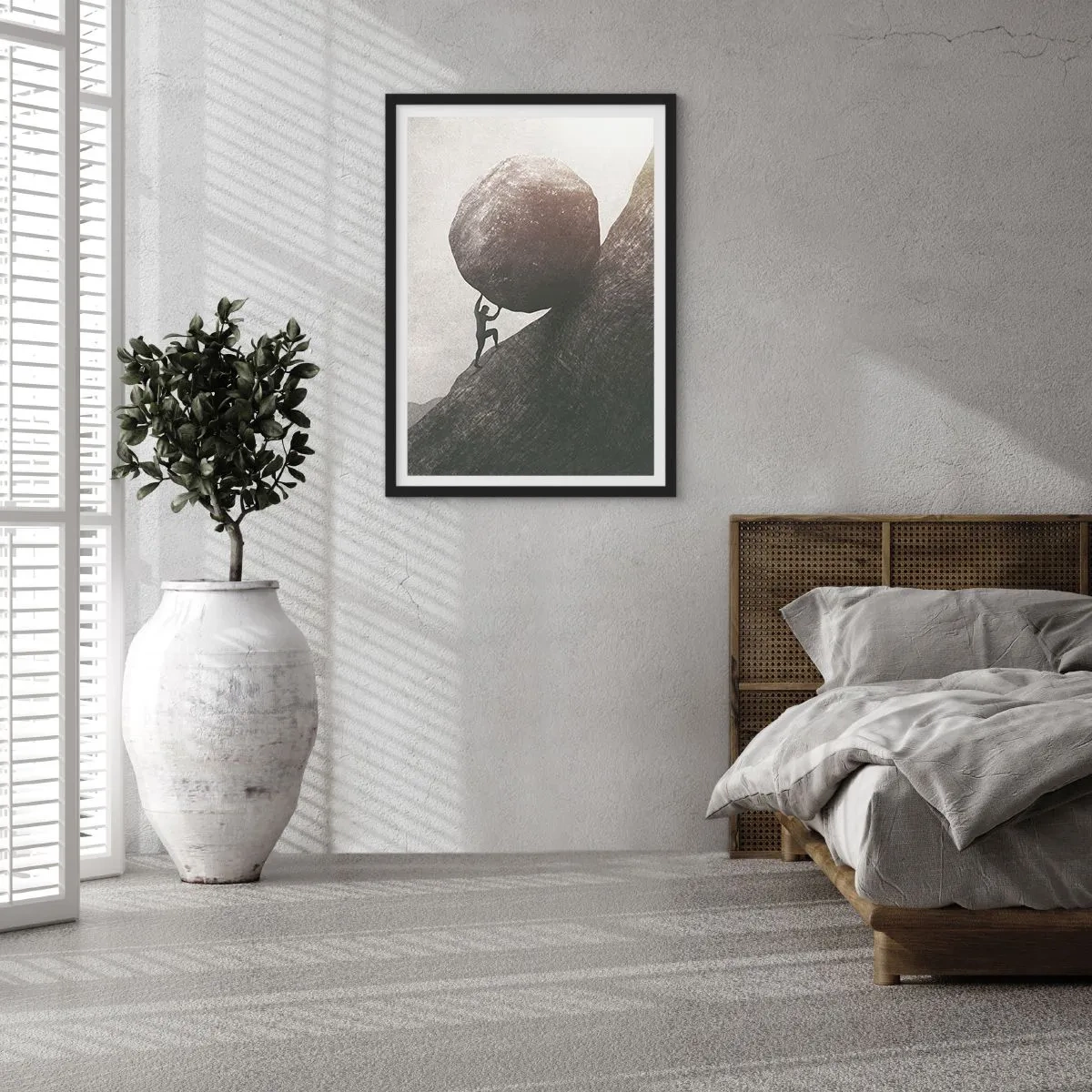 Affisch i svart ram - En symbolisk figur som bär en stenblock uppför en kulle - 50x70cm - Jag tror i strid mot hoppet - Modern väggdekoration för vardagsrum och sovrum ARTTOR