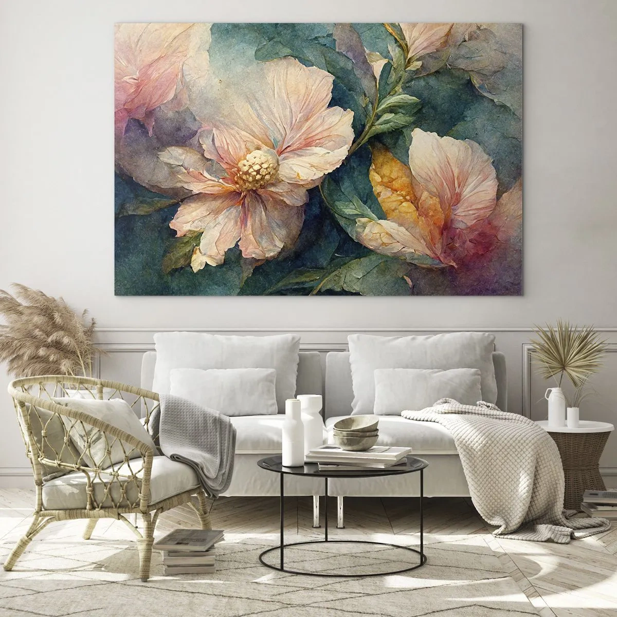 Glastavla - Bild på glas - Fina blommor i pastellfärgade akvarelltoner - 70x50cm - Bara subtilitet - Modern väggdekoration för vardagsrum och sovrum ARTTOR