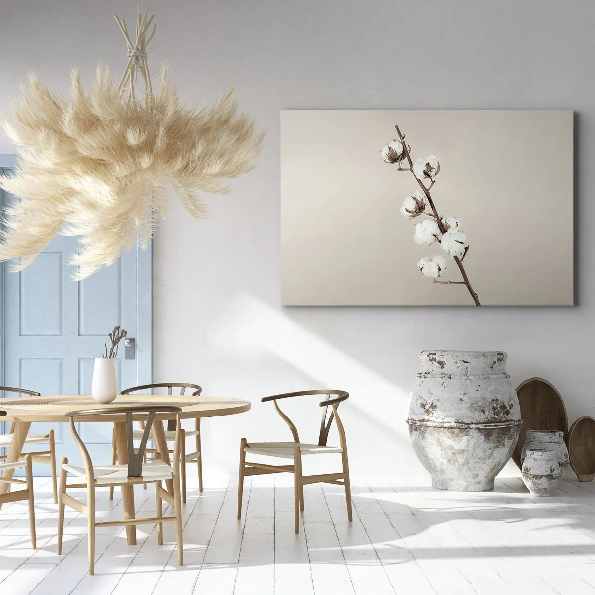 Canvastavla - Bild på duk - En kvist bomull på en beige bakgrund - 70x50cm - Hos mjukhetens källa - Modern väggdekoration för vardagsrum och sovrum ARTTOR
