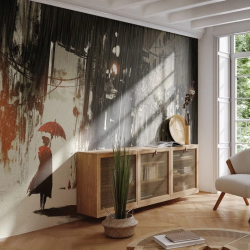 Självhäftande Fototapet Deluxe Sticker - Röda paraplyets poesi - Stad, Kvinna, Arkitektur - 100x70 cm