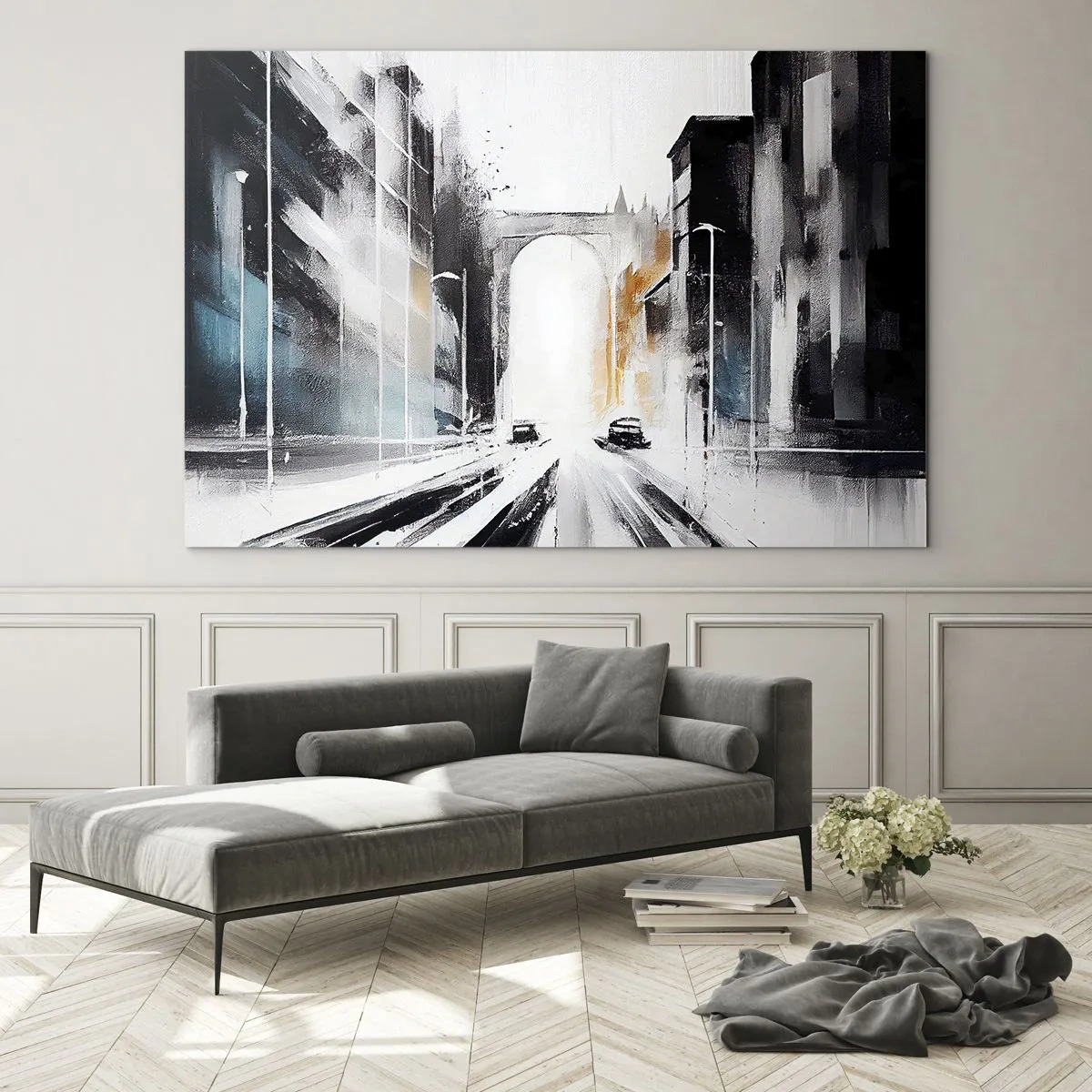 Glastavla - Bild på glas - En dynamisk stadsgata med bilar och en båge i bakgrunden i målerisk stil. - 70x50cm - Stadsstudie: arkitektur och rörelse - Modern väggdekoration för vardagsrum och sovrum ARTTOR