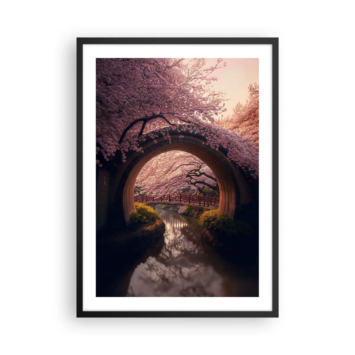 Affisch i svart ram - En romantisk bro bland körsbärsblommor - 50x70cm - Japansk vår - Modern väggdekoration för vardagsrum och sovrum ARTTOR