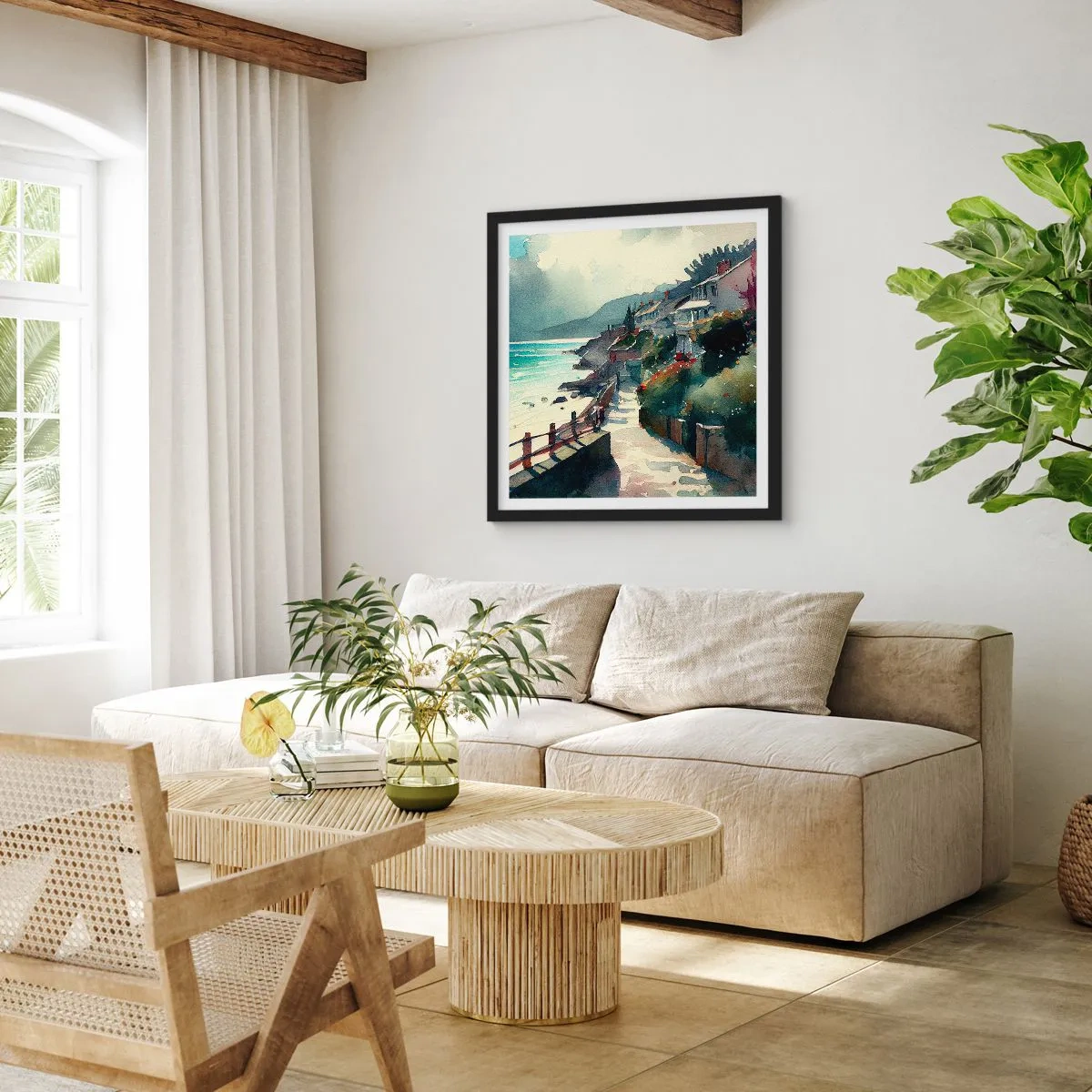 Affisch i svart ram - Medelhavsstad - 30x30 cm