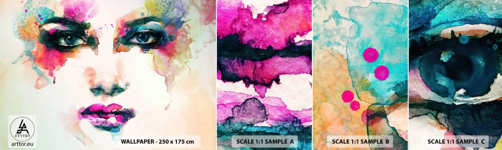 Provbit av självhäftande fototapet Deluxe Sticker - Porträtt målad med regnbågen - Abstraktion, Kvinnans ansikte, Bit - 100x30 cm