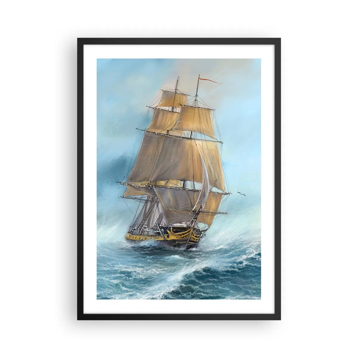 Affisch i svart ram - Ett segelfartyg som seglar genom ett stormigt hav i realistisk stil - 50x70cm - Vinkande genom vågorna - Modern väggdekoration för vardagsrum och sovrum ARTTOR