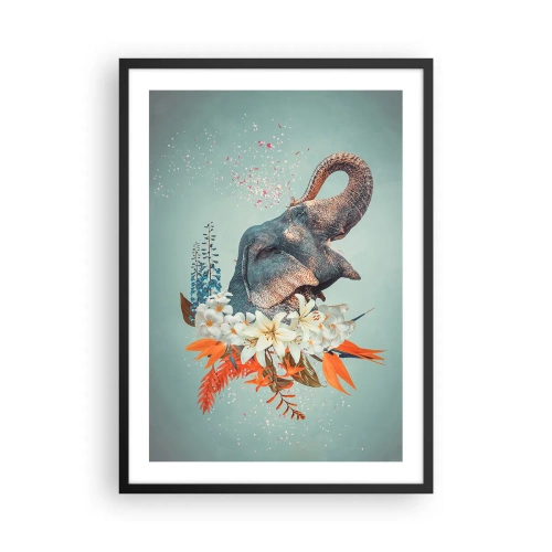 Affisch i svart ram - En elefant bland blommor i en surrealistisk komposition - 50x70cm - Glädjens vrål - Modern väggdekoration för vardagsrum och sovrum ARTTOR