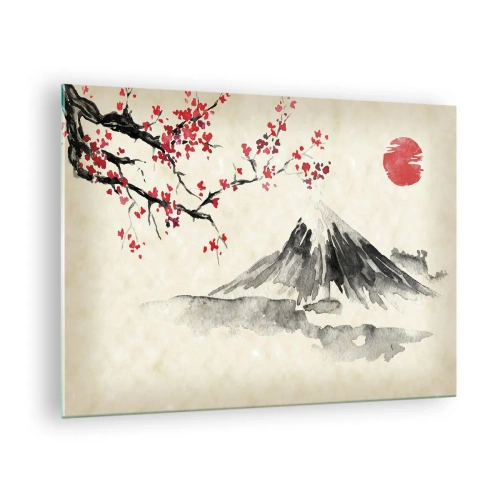 Glastavla - Bild på glas - Japansk akvarellmålning av ett berg och en blommande gren - 70x50cm - Bli kär i Japan - Modern väggdekoration för vardagsrum och sovrum ARTTOR