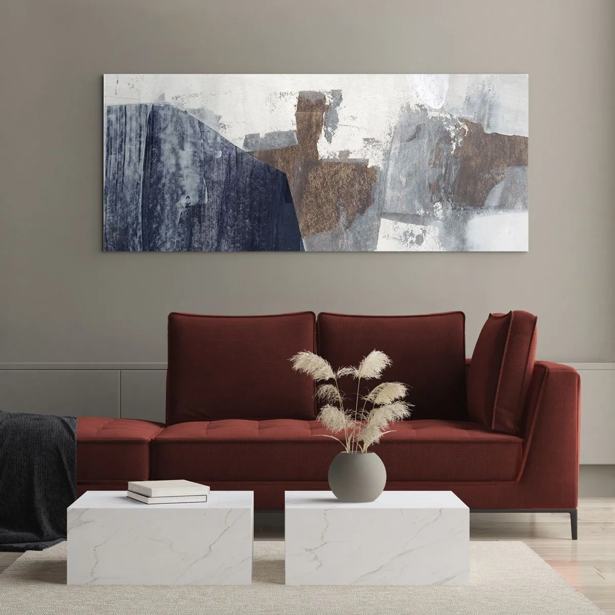 Glastavla - Bild på glas - Blåbruna former - 100x40 cm