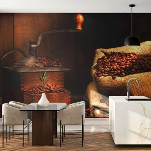 Fototapet Premium Canvas - Stilleben med kaffebönor och kvarn - Gastronomi, Kaffe, Kaffekvarn - 450x315 cm