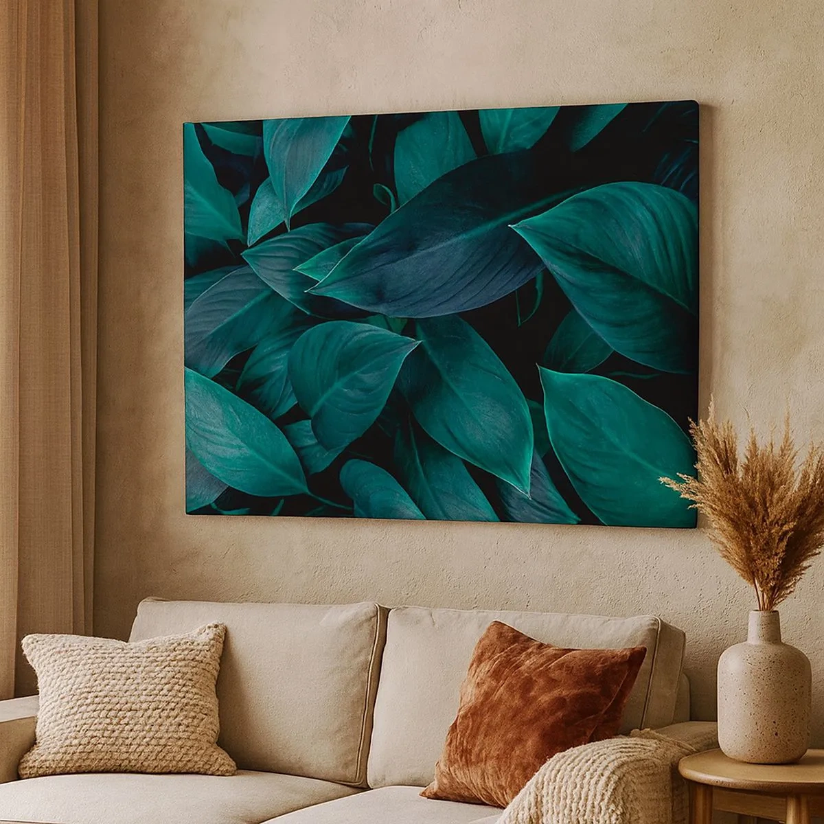 Canvastavla - Bild på duk - Närbild av gröna blad mot en mörk bakgrund - 70x50cm - Grönskan själv - Modern väggdekoration för vardagsrum och sovrum ARTTOR