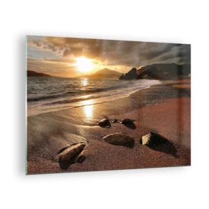 Glastavla - Bild på glas - Solnedgång över en stenig strand och kullar - 70x50cm - Följ solen mot kullarna - Modern väggdekoration för vardagsrum och sovrum ARTTOR