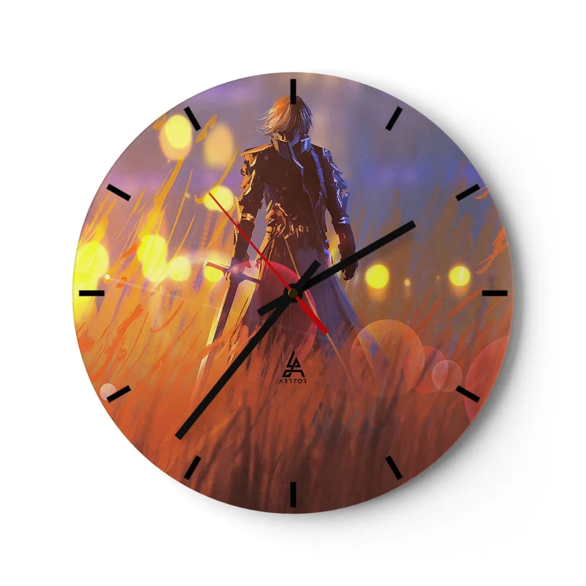 Väggklocka - Klocka på glas - Figuren av en riddare mot bakgrund av en lysande solnedgång - 30x30cm - Vandrande riddare - Modern väggdekoration för vardagsrum, kök och sovrum ARTTOR