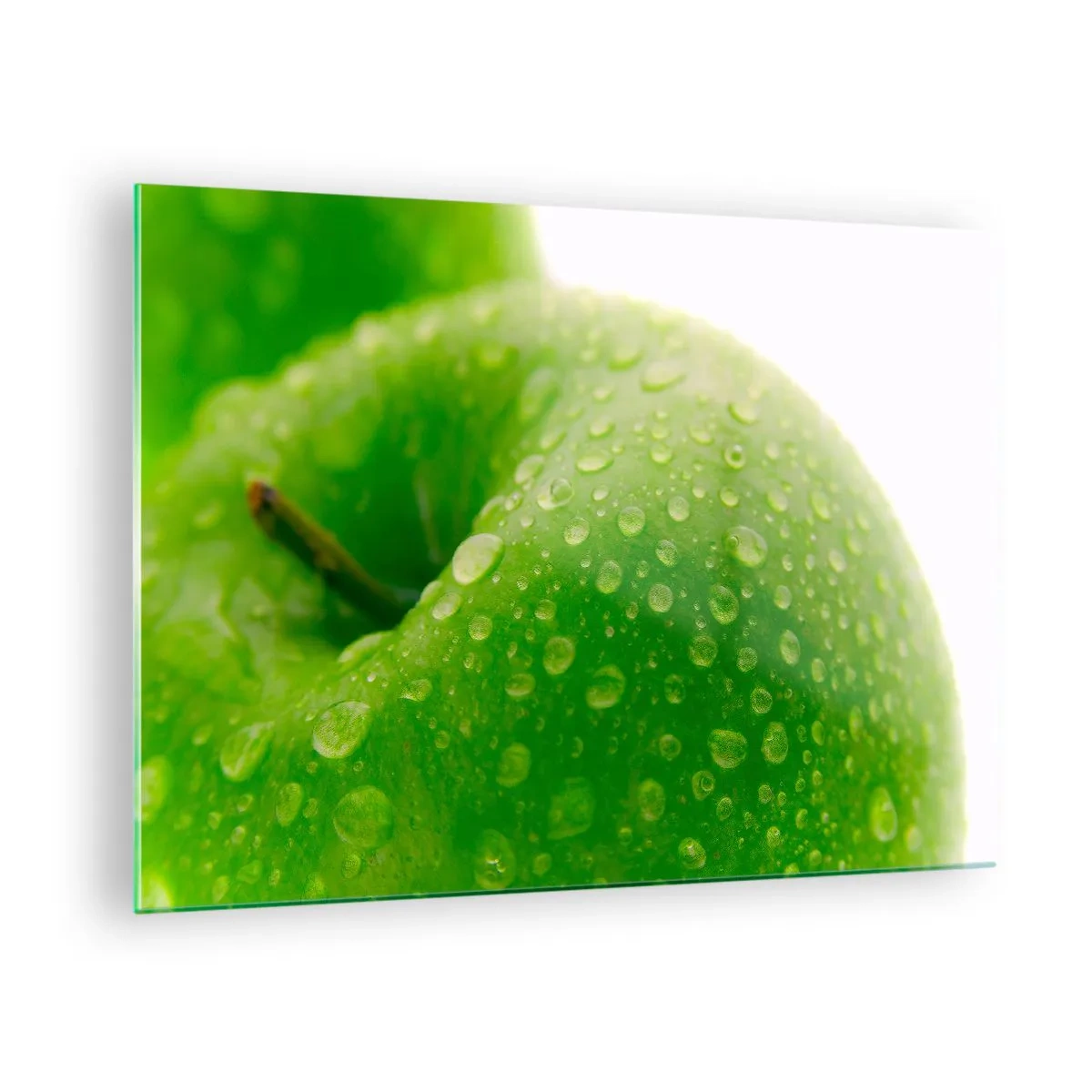 Glastavla - Bild på glas - Ett grönt äpple täckt med vattendroppar - 70x50cm - Kylig grön fräschhet - Modern väggdekoration för vardagsrum och sovrum ARTTOR