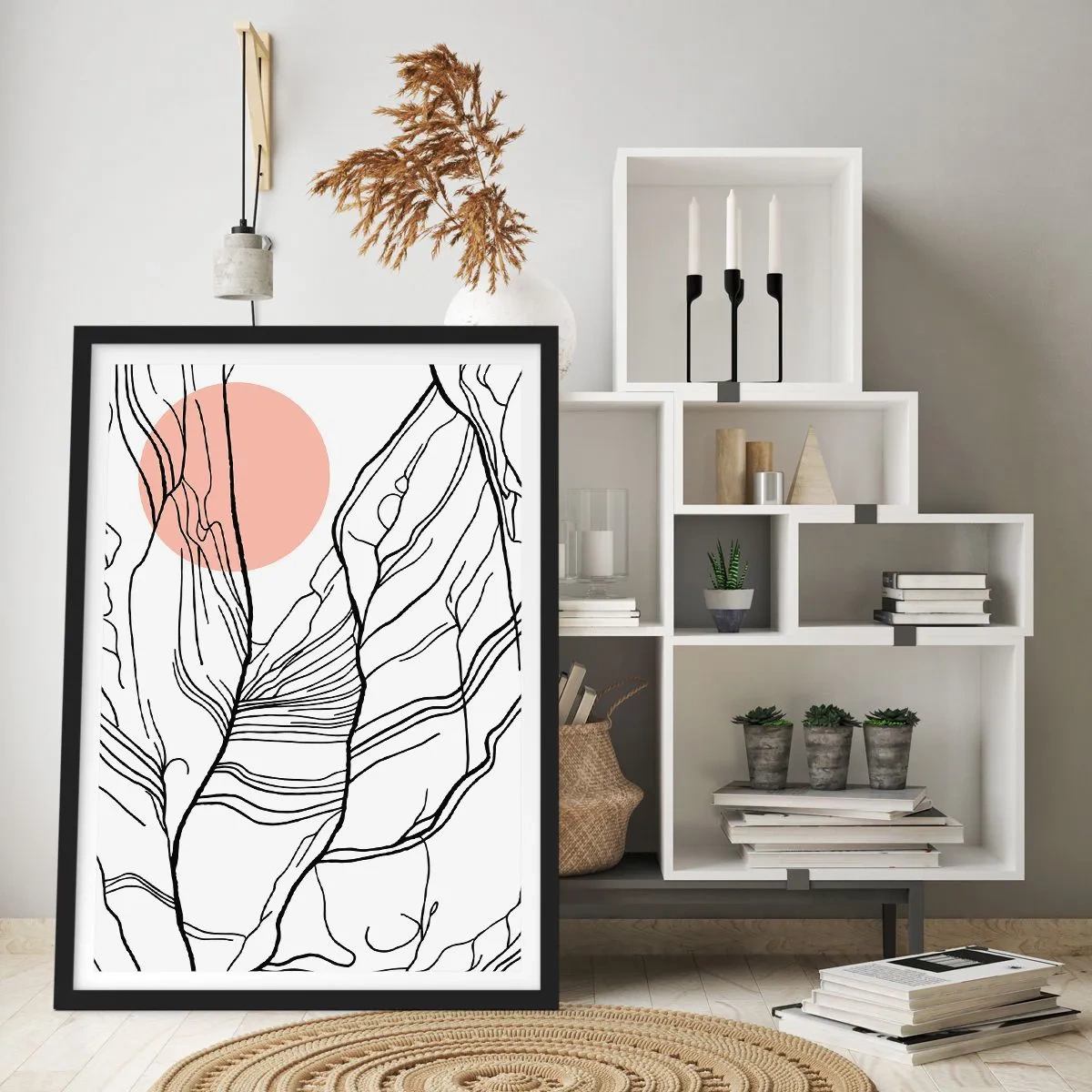 Affisch i svart ram - Minimalistisk linjeteckning med en rosa cirkel i bakgrunden - 50x70cm - I grenarnas nät - Modern väggdekoration för vardagsrum och sovrum ARTTOR