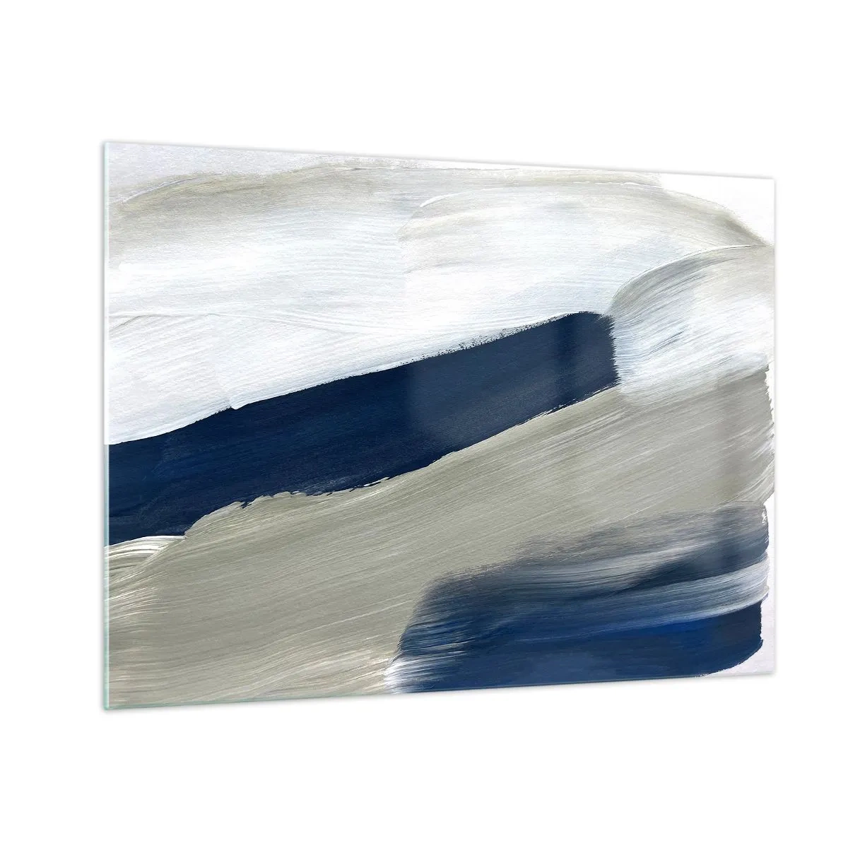Glastavla - Bild på glas - Minimalistisk abstraktion med dynamiska penseldrag i vitt, marinblått och grått. - 70x50cm - Möte med vitt - Modern väggdekoration för vardagsrum och sovrum ARTTOR