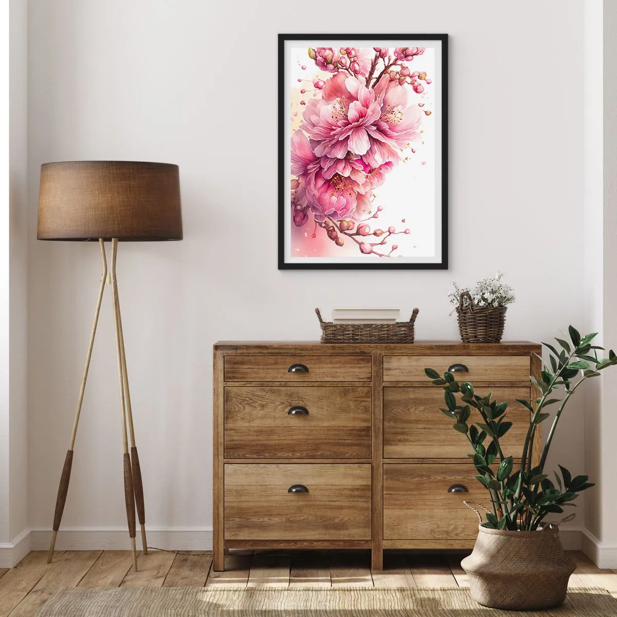 Affisch i svart ram - Fina rosa körsbärsblommor i full blom mot en ljus bakgrund - 50x70cm - Blommande körsbärsblomma - Modern väggdekoration för vardagsrum och sovrum ARTTOR
