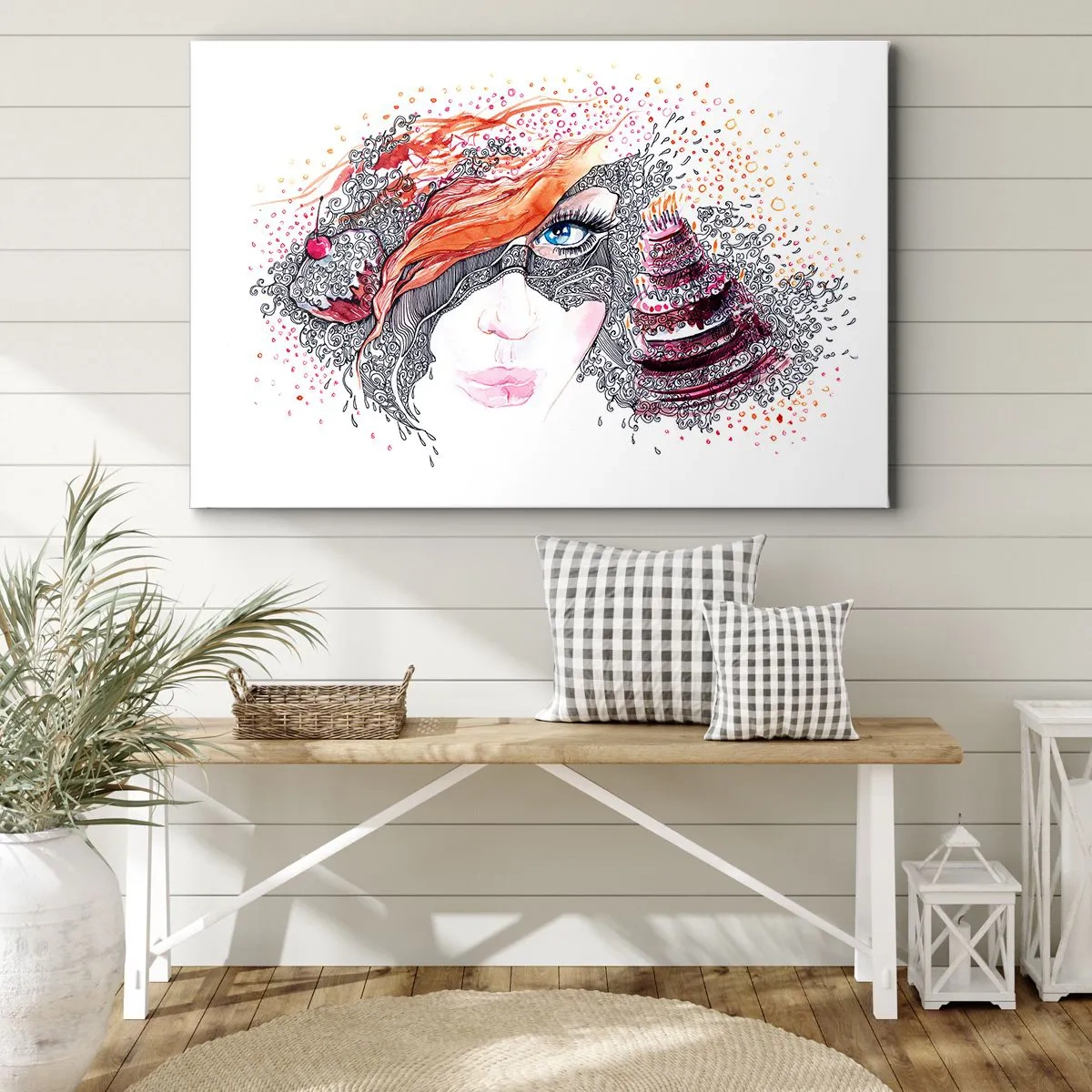 Canvastavla - Bild på duk - Konstnärligt porträtt av en kvinna med detaljer och röd accent - 70x50cm - Med henne har vi högtid varje dag - Modern väggdekoration för vardagsrum och sovrum ARTTOR