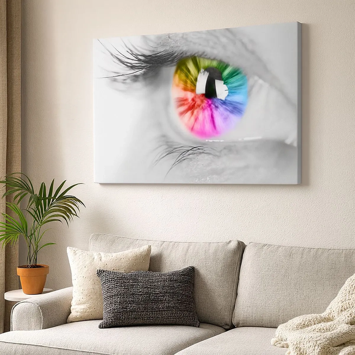 Canvastavla - Bild på duk - Konstnärlig bild av ett öga med regnbågsfärgad iris mot en grå bakgrund - 70x50cm - Se färgglatt på världen - Modern väggdekoration för vardagsrum och sovrum ARTTOR