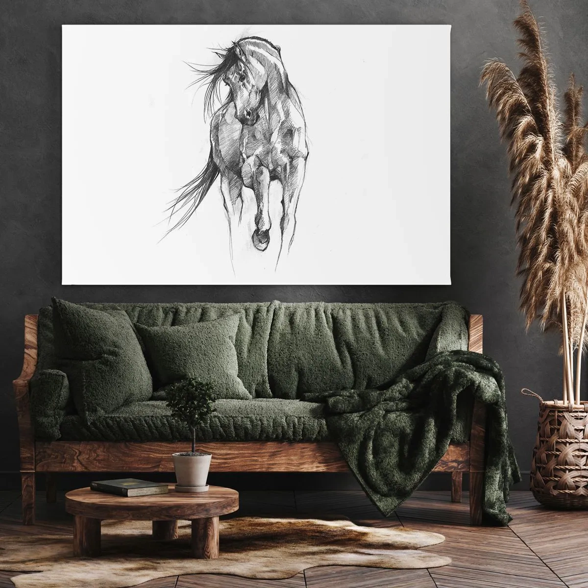 Canvastavla - Bild på duk - Svartvit skiss av en galopperande häst - 70x50cm - Elegant trav - Modern väggdekoration för vardagsrum och sovrum ARTTOR