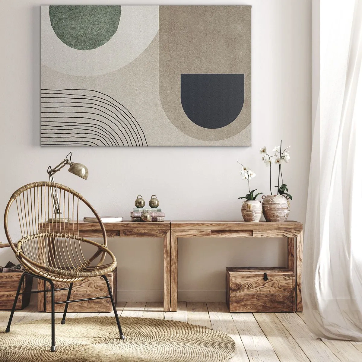 Canvastavla - Bild på duk - Geometriska former i nyanser av beige och grönt - 70x50cm - Ovalens mjukhet - Modern väggdekoration för vardagsrum och sovrum ARTTOR