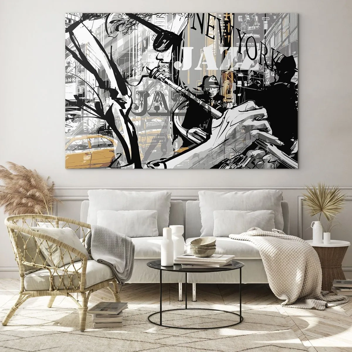 Glastavla - Bild på glas - En snygg teckning av en jazzmusiker som spelar trumpet i en New York-miljö. - 70x50cm - I New Yorks rytm - Modern väggdekoration för vardagsrum och sovrum ARTTOR