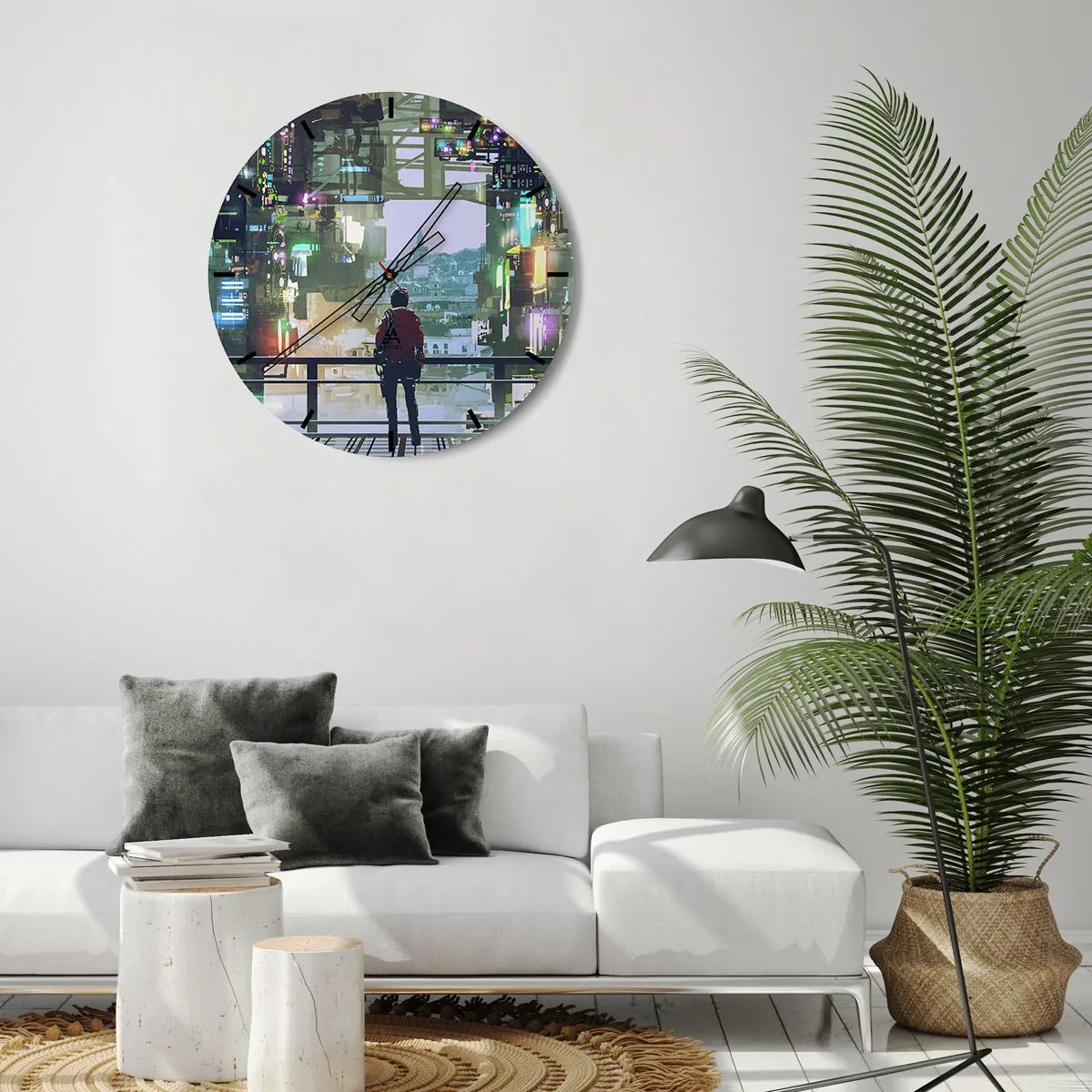 Väggklocka - Klocka på glas - En figur i en futuristisk stad med neonljus och en silhuett i bakgrunden - 30x30cm - Två världar - Modern väggdekoration för vardagsrum, kök och sovrum ARTTOR