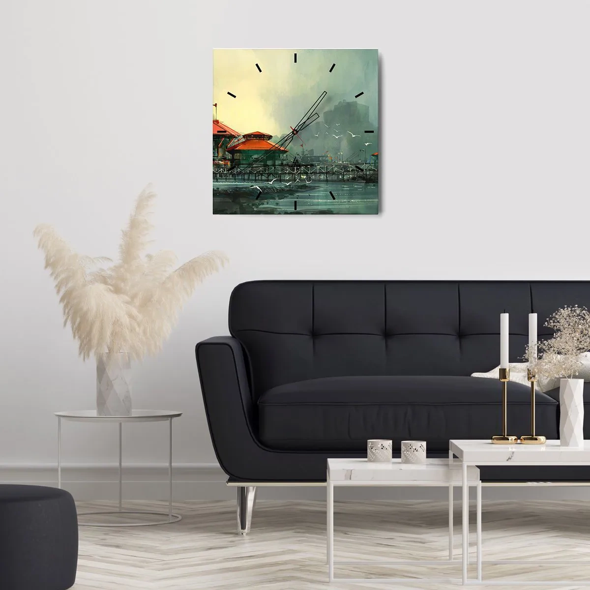 Väggklocka - Klocka på glas - Duggig dag i hamnen - 30x30 cm