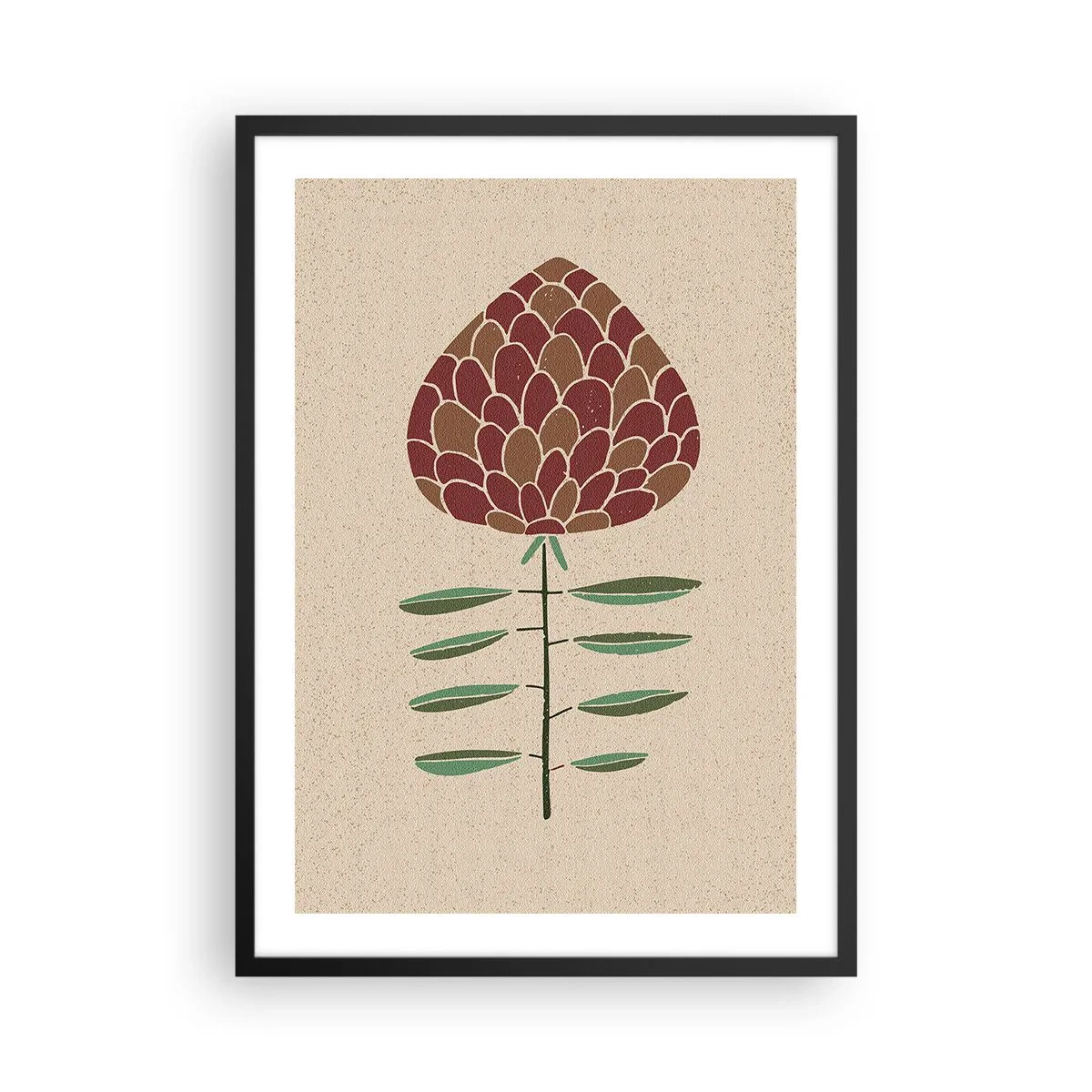 Affisch i svart ram - Abstrakt blomma i varma färger på en beige bakgrund - 50x70cm - Som en stor barrkotte - Modern väggdekoration för vardagsrum och sovrum ARTTOR