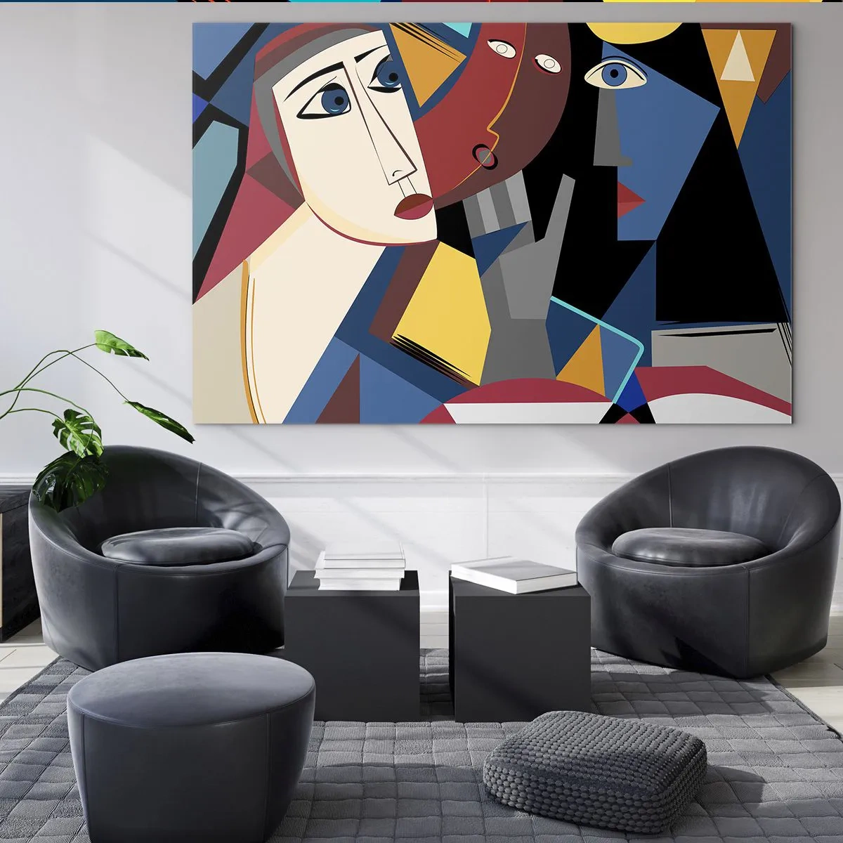 Glastavla - Bild på glas - Kubistiska ansikten i intensiva färger - 70x50cm - Kubistiskt samtal - Modern väggdekoration för vardagsrum och sovrum ARTTOR