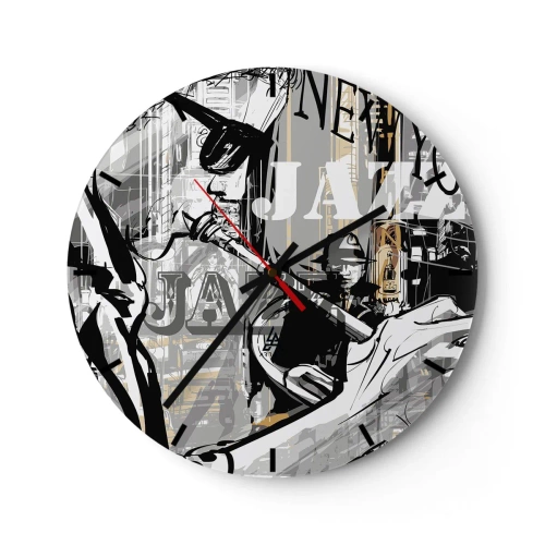 Väggklocka - Klocka på glas - Ett elegant jazztema med en musiker mot en stadsbild i bakgrunden. - 30x30cm - I New Yorks rytm - Modern väggdekoration för vardagsrum, kök och sovrum ARTTOR