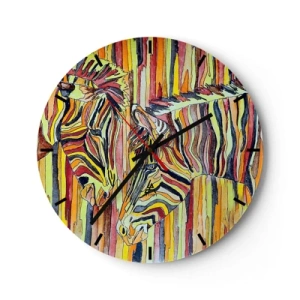 Väggklocka - Klocka på glas - En abstrakt avbildning av två zebror mot en bakgrund av färgglada ränder. - 30x30cm - Så du också... - Modern väggdekoration för vardagsrum, kök och sovrum ARTTOR