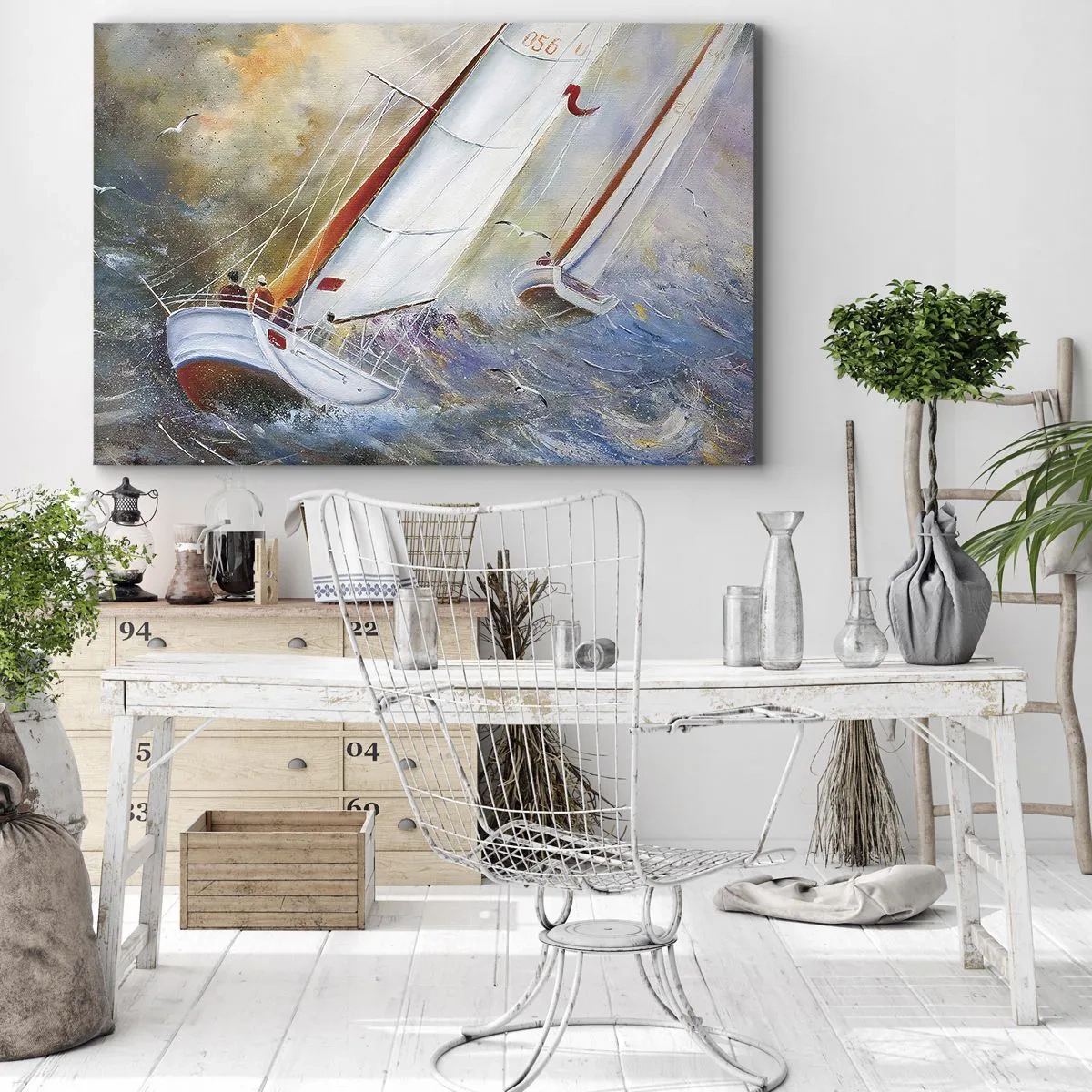 Canvastavla - Bild på duk - Segelbåtar på grova vågor i en dynamisk komposition - 70x50cm - Springande på vågorna - Modern väggdekoration för vardagsrum och sovrum ARTTOR