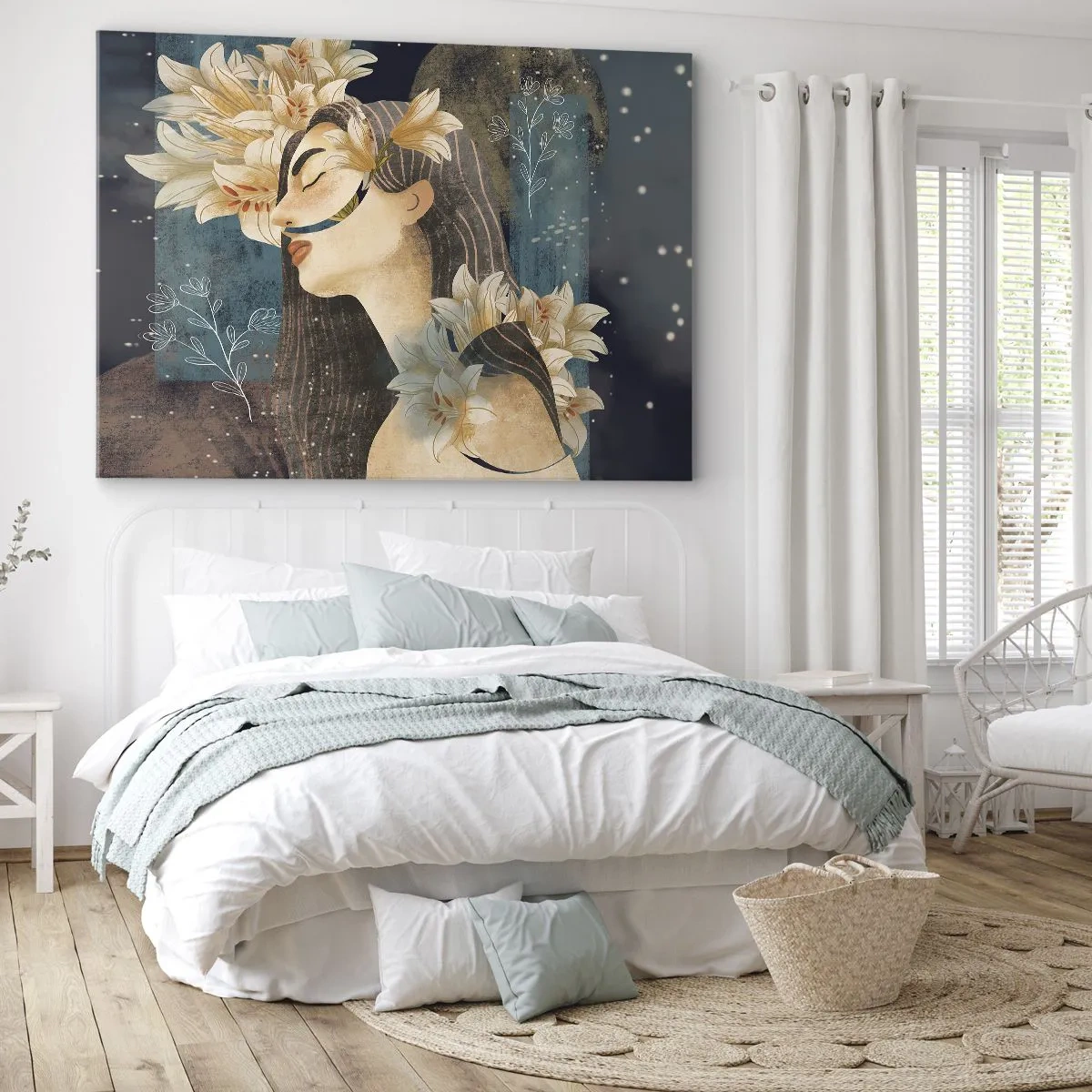 Canvastavla - Bild på duk - Porträtt av en kvinna med blommor i konstnärlig stil mot en mörk bakgrund - 70x50cm - Sagan om drottning med liljor - Modern väggdekoration för vardagsrum och sovrum ARTTOR