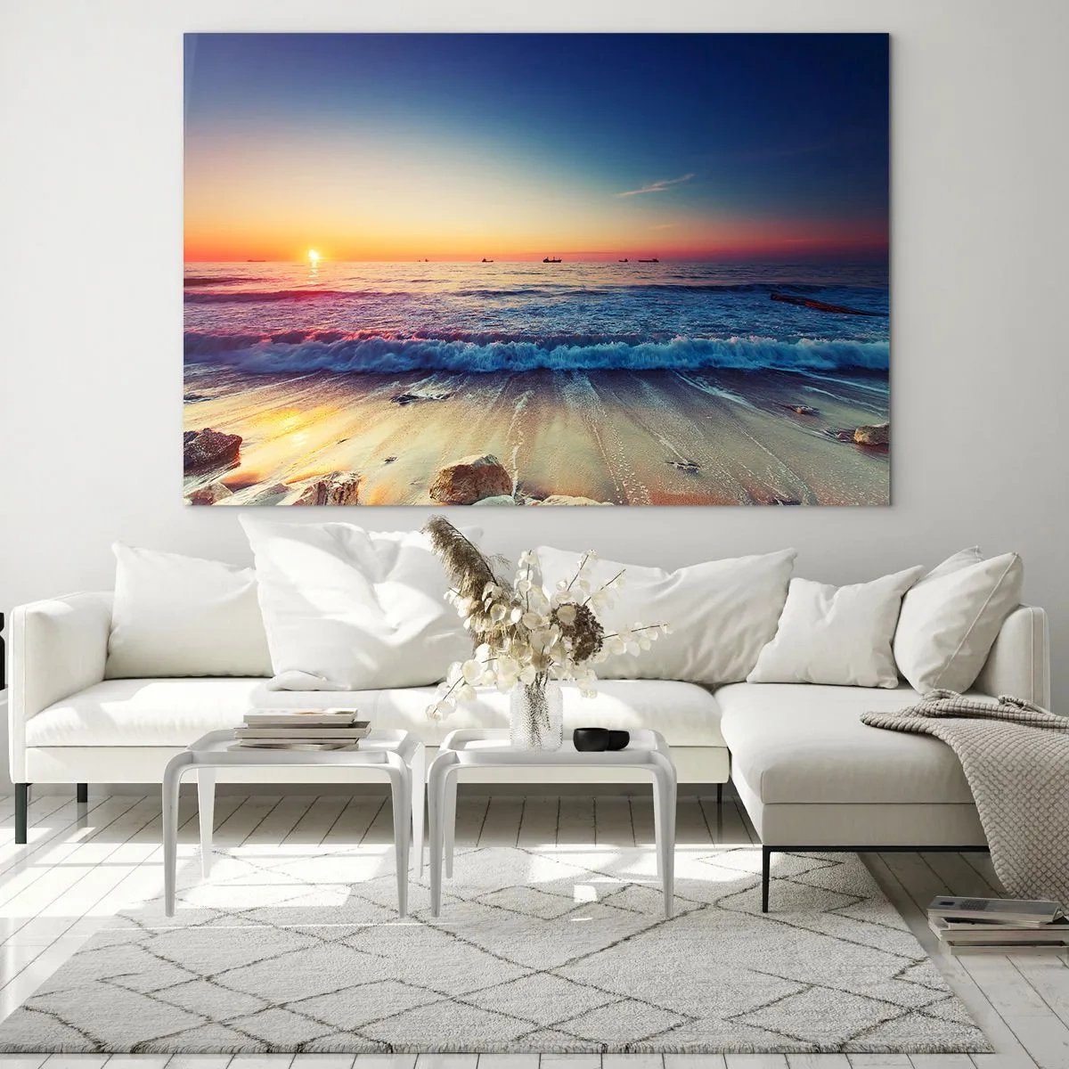 Glastavla - Bild på glas - Solnedgång över stranden med mjuka vågor och ett lugnt hav - 70x50cm - Vad finns bortom horisonten? - Modern väggdekoration för vardagsrum och sovrum ARTTOR