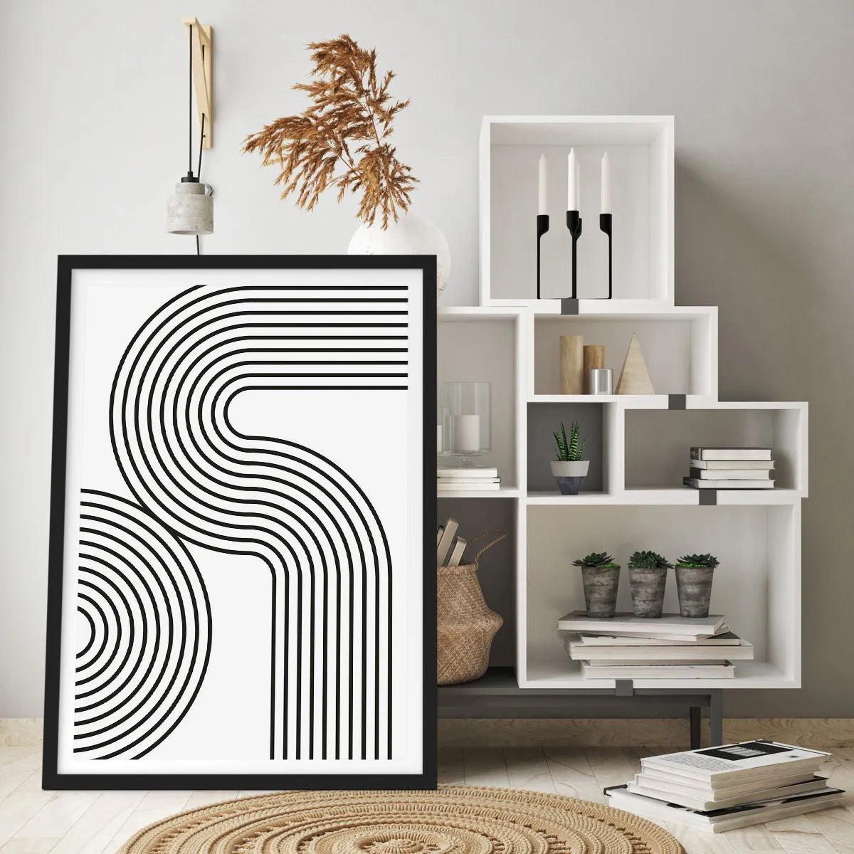 Affisch i svart ram - Modern grafik med abstrakta linjer i svartvitt - 50x70cm - På en kurva - Modern väggdekoration för vardagsrum och sovrum ARTTOR