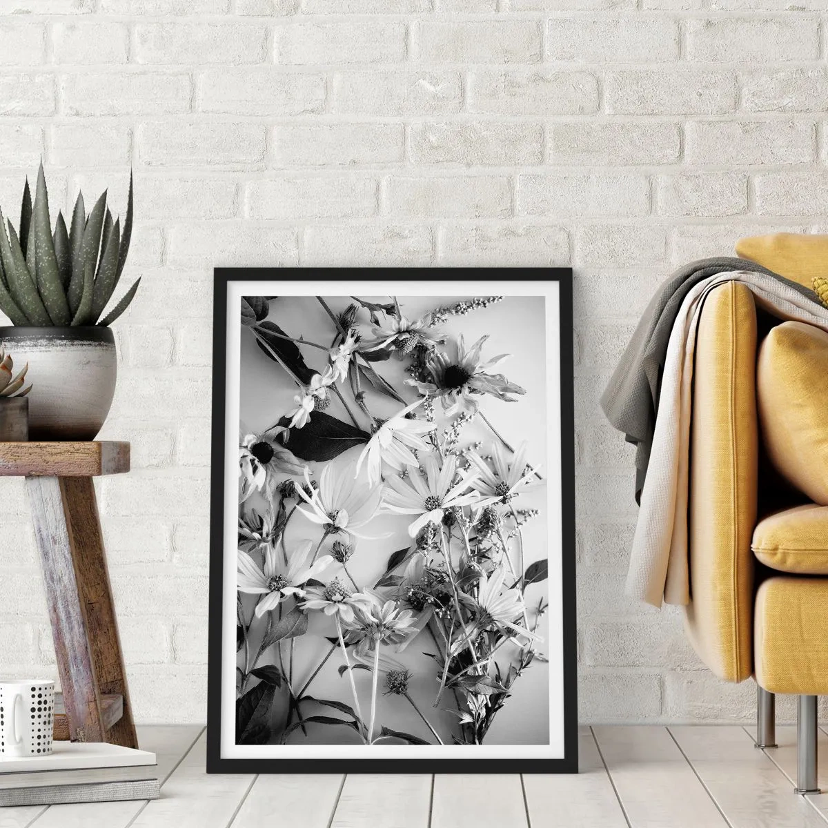 Affisch i svart ram - Svartvita blommor arrangerade i ett konstnärligt arrangemang - 50x70cm - Icke-blombukett - Modern väggdekoration för vardagsrum och sovrum ARTTOR