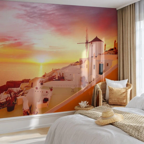 Fototapet Premium Canvas - Smälta sig in i vitt och guld - Landskap, Santorini, Grekland - 350x256 cm