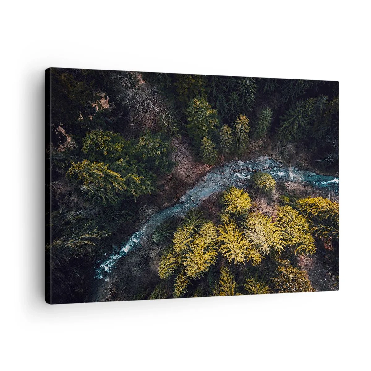 Canvastavla - Bild på duk - En vy ovanifrån av en skog med en slingrande flod - 70x50cm - Snabbt, allt snabbare - Modern väggdekoration för vardagsrum och sovrum ARTTOR