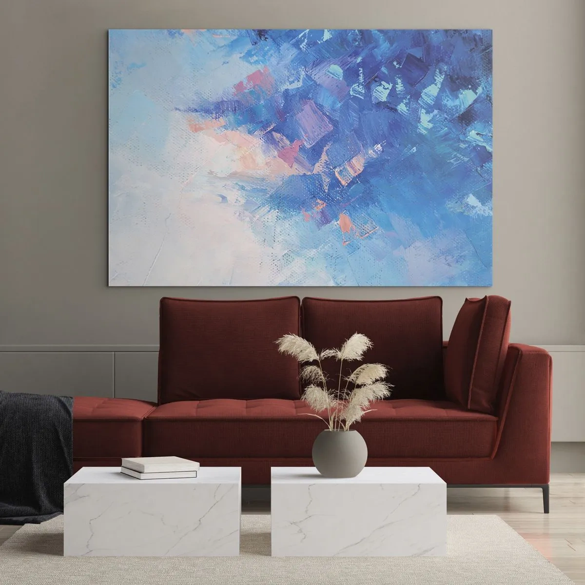 Glastavla - Bild på glas - Abstrakt vinterlandskap med svala blå och mjuka rosa nyanser - 70x50cm - Vinterabstraktion - Modern väggdekoration för vardagsrum och sovrum ARTTOR