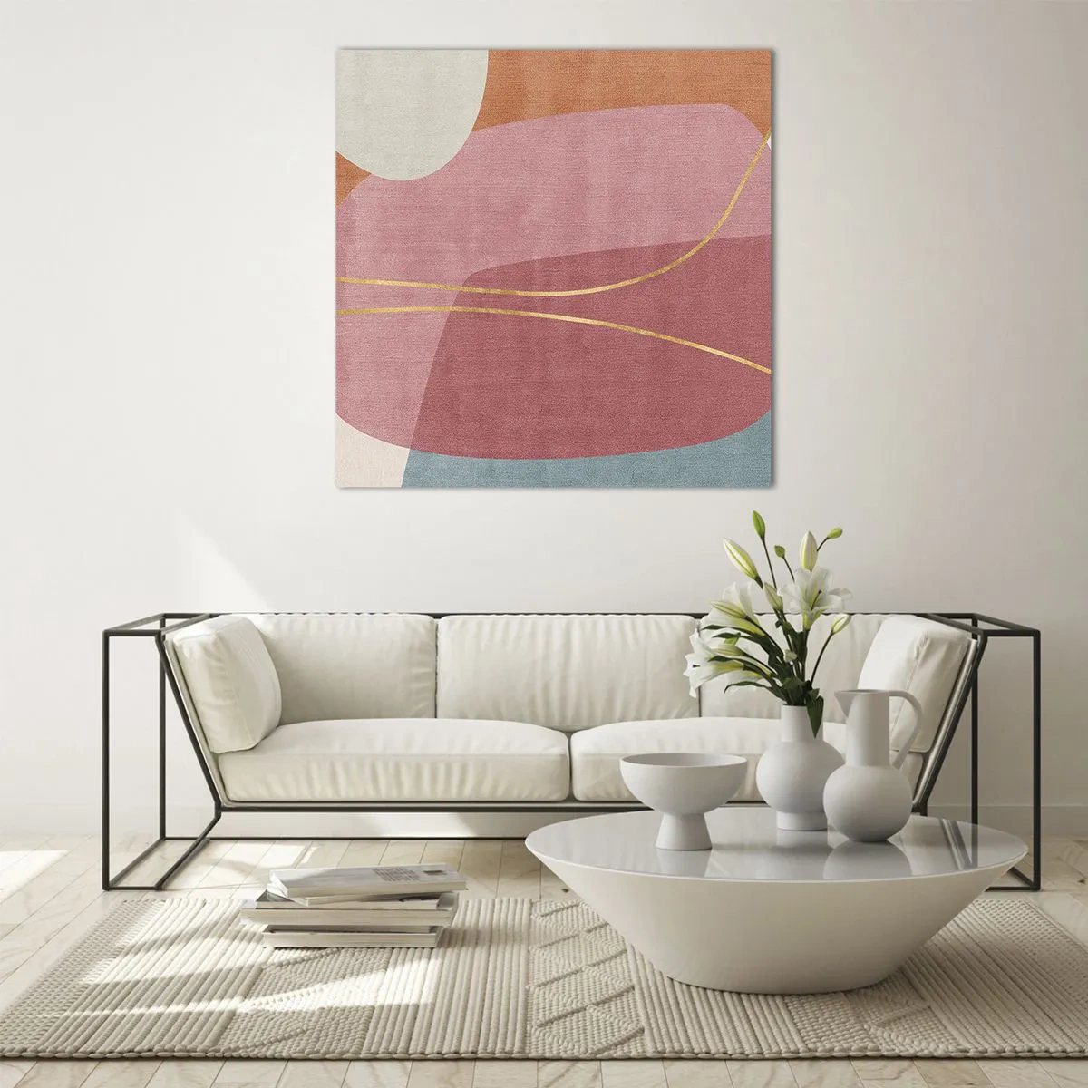 Glastavla - Bild på glas - Pastellkomposition med guldtråd - 50x50 cm