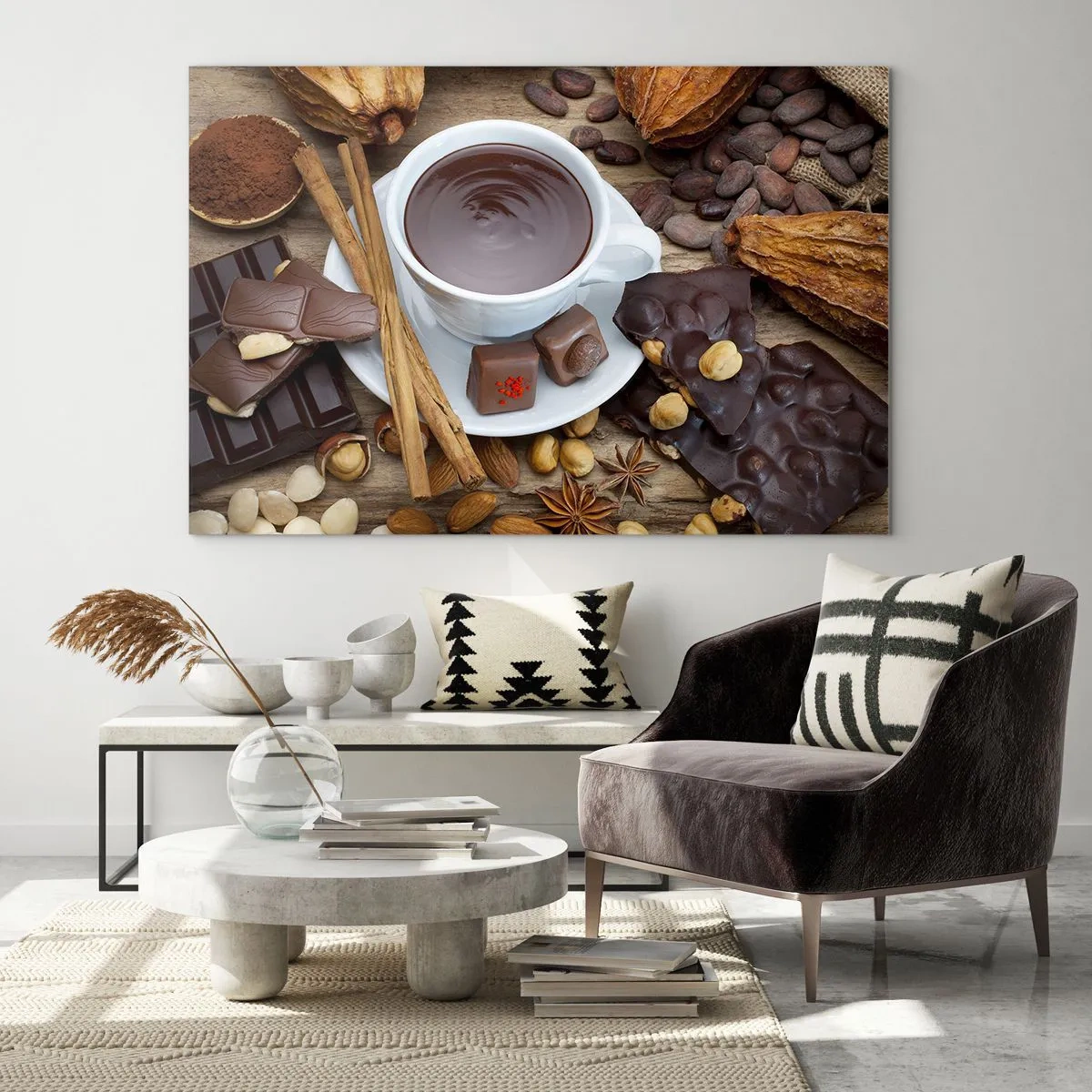 Glastavla - Bild på glas - En kopp varm choklad med pålägg på en rustik bakgrund - 70x50cm - Från sagolika chokladfabriken - Modern väggdekoration för vardagsrum och sovrum ARTTOR