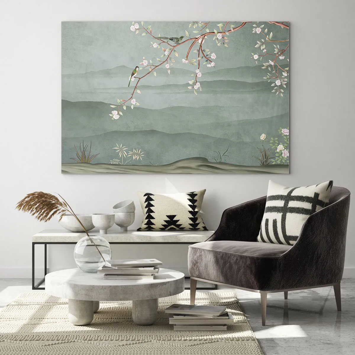 Glastavla - Bild på glas - En gren med blommor och fåglar mot en bakgrund av gröna kullar - 70x50cm - Vår, ah, det är du - Modern väggdekoration för vardagsrum och sovrum ARTTOR