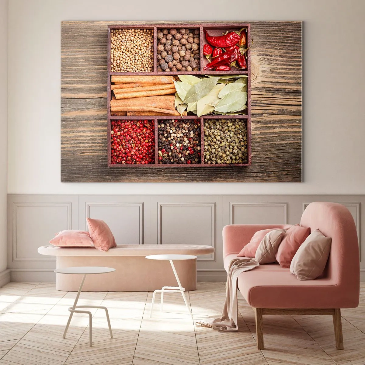 Glastavla - Bild på glas - Färgglada kryddor i träfack - 70x50cm - Formordning, arombukett - Modern väggdekoration för vardagsrum och sovrum ARTTOR