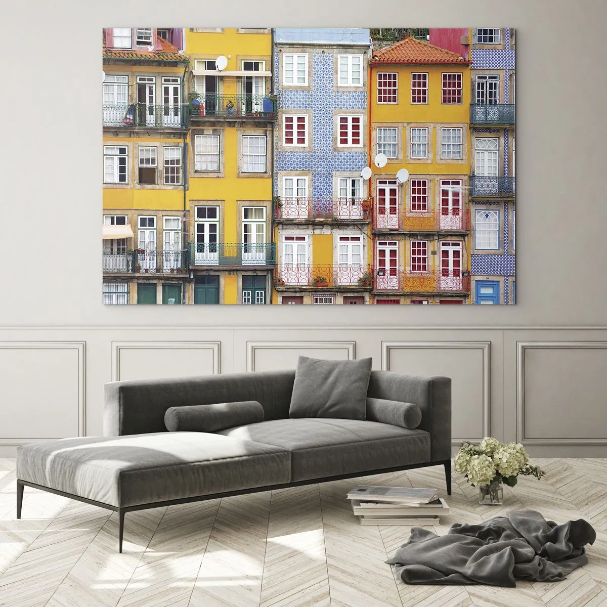 Glastavla - Bild på glas - Färgglada fasader av hyreshus med balkongdetaljer - 70x50cm - Gamla stans färger - Modern väggdekoration för vardagsrum och sovrum ARTTOR