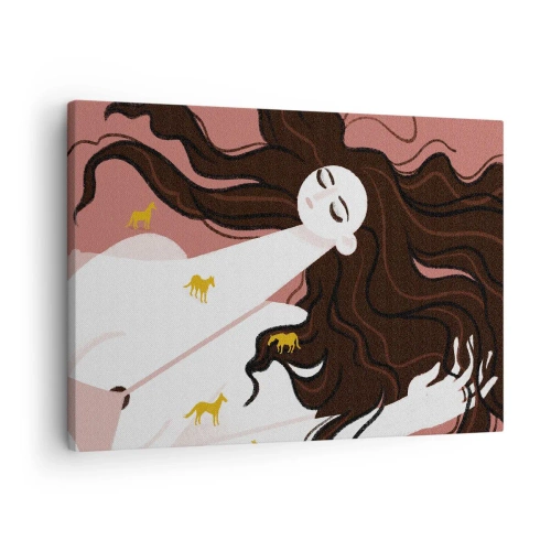 Canvastavla - Bild på duk - En figur med slutna ögon omgiven av gyllene hästar - 70x50cm - Dröm om en gyllene häst - Modern väggdekoration för vardagsrum och sovrum ARTTOR
