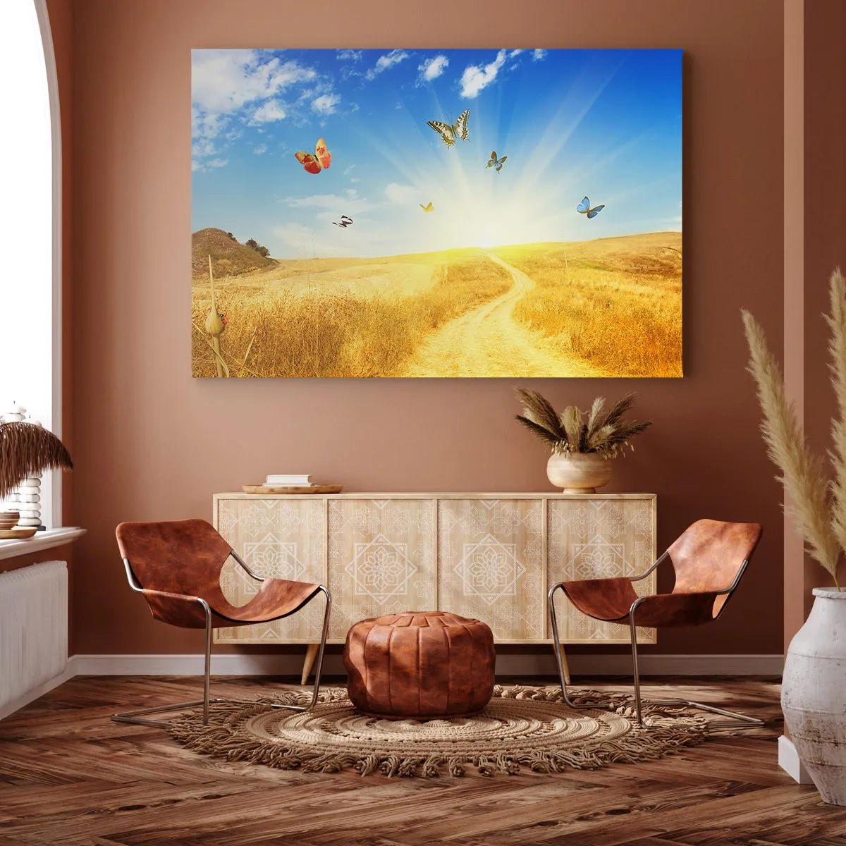 Canvastavla - Bild på duk - Ett gyllene fält, en stig och fjärilar mot en blå himmel - 70x50cm - Varför vi älskar sommaren? - Modern väggdekoration för vardagsrum och sovrum ARTTOR